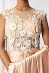 Shop_Isha Regalia_Peach Net, Satin Pearls, Sequins, Embellished Pre-draped Saree And Bodysuit Set _Online_at_Aza_Fashions