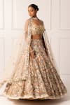 Isha Regalia_Beige Satin, Net Sequins, Beads Halter Neck, Floral Vine Embroidered Lehenga Set _at_Aza_Fashions