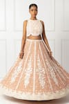 Shop_Isha Regalia_Peach Net, Satin Pearls, Sequins, Beads Round Embroidered Floral Lehenga Set _Online_at_Aza_Fashions