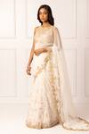 Isha Regalia_White Net, , Satin Embroidery, Diamonds Dori Floral Saree Set _Online_at_Aza_Fashions