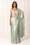 Buy_Isha Regalia_Green Net, Satin Pearls, Sequins, Embellished Pre-draped Saree And Bodysuit Set _at_Aza_Fashions
