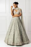 Shop_Isha Regalia_Green Net, Satin Mirrors, Sequins Sweetheart Neck Mint Work Lehenga Set 