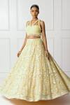 Isha Regalia_Yellow Cotton, Silk, Net Pearls, Sequins, Beads V-neck Embroidered Lehenga Set _Online_at_Aza_Fashions