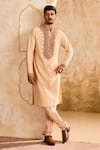 Buy_Histori_Beige Cotton, Silk Cut Work, Embroidery, Beads Pintucked Kurta Set _at_Aza_Fashions