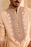 Histori_Beige Cotton, Silk Cut Work, Embroidery, Beads Pintucked Kurta Set _Online_at_Aza_Fashions