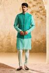 Shop_Histori_Green Chanderi, Cotton, Silk Mirrors, Embroidery Resham Bundi Kurta Set _at_Aza_Fashions