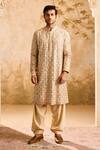 Buy_Histori_Beige Cotton, Silk Mirrors, Embroidery And Resham Jaal Kurta Set _at_Aza_Fashions
