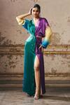 Buy_Masumi Mewawalla_Multi Color Gingham V-neck Colorblock Waist Cut Out Kaftan _at_Aza_Fashions