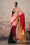 Buy_Masumi Mewawalla_Multi Color Gabardine, Crepe, Linen Sweetheart Neck Ombre Saree With Blouse _at_Aza_Fashions