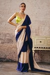 Buy_Masumi Mewawalla_Beige Crepe Sweetheart Neck And Blue Colorblock Saree Set _at_Aza_Fashions