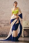 Masumi Mewawalla_Beige Crepe Sweetheart Neck And Blue Colorblock Saree Set _Online_at_Aza_Fashions