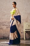 Buy_Masumi Mewawalla_Beige Crepe Sweetheart Neck And Blue Colorblock Saree Set _Online_at_Aza_Fashions