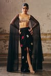 Buy_Masumi Mewawalla_Black Net, Gabardine Patchwork Round Neck Embellished Cape Blouse And Skirt Set _at_Aza_Fashions