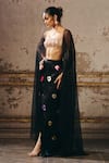 Shop_Masumi Mewawalla_Black Net, Gabardine Patchwork Round Neck Embellished Cape Blouse And Skirt Set _Online_at_Aza_Fashions