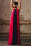 Masumi Mewawalla_Pink Crepe, Linen Round Neck Trapeze Gown With Tie-up Shoulders _Online_at_Aza_Fashions