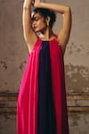 Shop_Masumi Mewawalla_Pink Crepe, Linen Round Neck Trapeze Gown With Tie-up Shoulders _Online_at_Aza_Fashions
