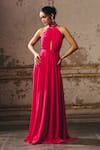 Buy_Masumi Mewawalla_Pink Crepe Halter Neck Embellished Gown _at_Aza_Fashions