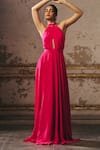 Masumi Mewawalla_Pink Crepe Halter Neck Embellished Gown _Online_at_Aza_Fashions