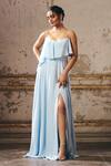 Buy_Masumi Mewawalla_Blue Crepe V-neck Layered Embellished Gown _at_Aza_Fashions