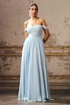 Buy_Masumi Mewawalla_Blue Linen, Crepe Embroidery Sweetheart Neck Pleated Yoke Off-shoulder Gown _at_Aza_Fashions