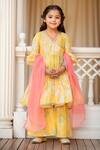 Buy_Petite Pomme_Yellow Muslin, Net Tassels, Lace, Floral Printed Angarkha And Sharara Set 