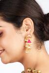 Shop_Bauble Bazaar_Pink Pearls, Embroidery Gold Plated Triangular Dangler Earrings _at_Aza_Fashions