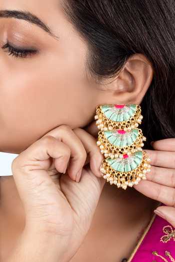 Shop_Bauble Bazaar_Blue Pearls And Pink Mandala Dangler Earrings _at_Aza_Fashions