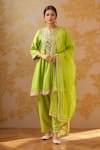 Buy_Samyukta Singhania_Green Silk, Organza, Cotton Gota Patti Round Neck Floral Anarkali Salwar Set _at_Aza_Fashions