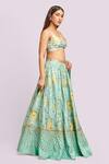 Blue Lotus Design_Blue Raw Silk Printed Bead Sweetheart Floral Lehenga Set _Online_at_Aza_Fashions