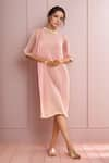 Buy_Samyukta Singhania_Pink Neoprene Lycra Pleated Round Pearl Embellished Flared Sleeve Midi Dress _at_Aza_Fashions