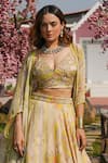 Buy_Koswi_Green Viscose Print Geometric Plunge Neck Cape And Lehenga Set _Online_at_Aza_Fashions