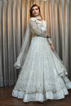 Shop_RONAK AND SHRUTI_Ivory Net Feathers, Embroidery, Crystals, Sequins, Stones V-neck Lehenga Set _Online_at_Aza_Fashions