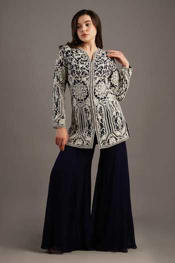 Buy_Maisolos_Blue Georgette Embroidery Split V-neck Floral Jacket And Sharara Set _at_Aza_Fashions