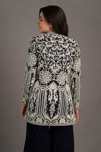 Shop_Maisolos_Blue Georgette Embroidery Split V-neck Floral Jacket And Sharara Set _at_Aza_Fashions