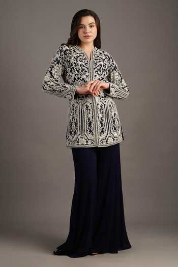Maisolos_Blue Georgette Embroidery Split V-neck Floral Jacket And Sharara Set _Online_at_Aza_Fashions