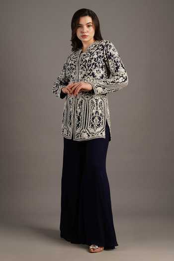 Buy_Maisolos_Blue Georgette Embroidery Split V-neck Floral Jacket And Sharara Set _Online_at_Aza_Fashions