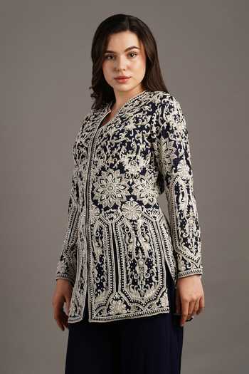 Shop_Maisolos_Blue Georgette Embroidery Split V-neck Floral Jacket And Sharara Set _Online_at_Aza_Fashions