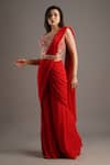 Maisolos_Red Georgette Embroidery Square Neck Pre-draped Sharara Saree Set _Online_at_Aza_Fashions