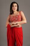 Buy_Maisolos_Red Georgette Embroidery Square Neck Pre-draped Sharara Saree Set _Online_at_Aza_Fashions