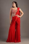 Shop_Maisolos_Red Georgette Embroidery Square Neck Pre-draped Sharara Saree Set _Online_at_Aza_Fashions