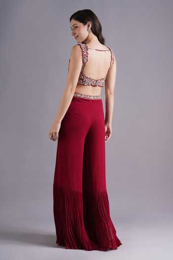 Shop_Maisolos_Red Net, Georgette Embroidery Square Neck Phool Jaal Blouse And Sharara Set _at_Aza_Fashions