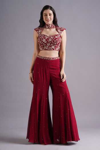 Buy_Maisolos_Red Georgette Embroidery, Sequins Collared Gul Blouse And Sharara Set _at_Aza_Fashions