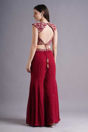 Shop_Maisolos_Red Georgette Embroidery, Sequins Collared Gul Blouse And Sharara Set _at_Aza_Fashions