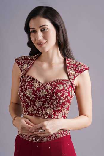 Buy_Maisolos_Red Georgette Embroidery, Sequins Collared Gul Blouse And Sharara Set _Online_at_Aza_Fashions