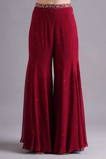 Shop_Maisolos_Red Georgette Embroidery, Sequins Collared Gul Blouse And Sharara Set _Online_at_Aza_Fashions