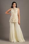 Buy_Maisolos_Ivory Net, Georgette Embroidery Mandarin Collar Bahar Jacket And Sharara Set _at_Aza_Fashions