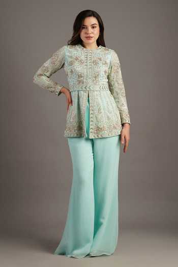 Buy_Maisolos_Blue Georgette Embroidery High Neck Gullista Jacket Sharara Set _at_Aza_Fashions