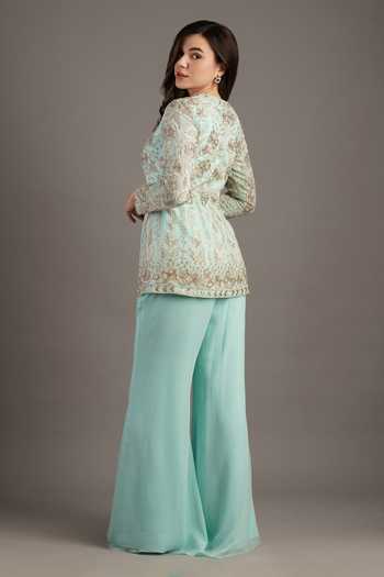 Shop_Maisolos_Blue Georgette Embroidery High Neck Gullista Jacket Sharara Set _at_Aza_Fashions