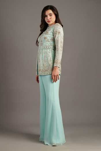 Maisolos_Blue Georgette Embroidery High Neck Gullista Jacket Sharara Set _at_Aza_Fashions