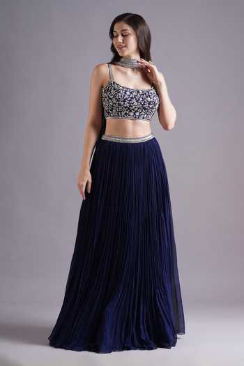 Buy_Maisolos_Blue Georgette Embroidery Scoop Neck Bloom Pleated Lehenga Set _at_Aza_Fashions
